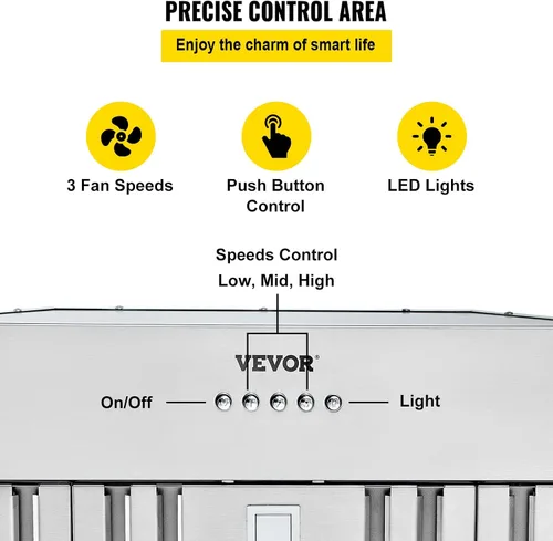 Vista 5 de VEVOR Campana de Ventilación Integrada, 800CFM 3-Velocidades, Campana de Cocina de Acero Inoxidable de 36 Pulgadas con Control de Botón de Impulso