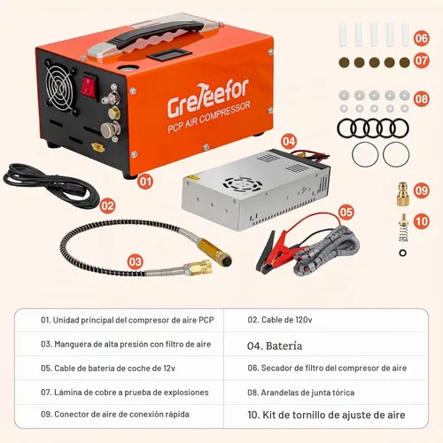Vista 6 de Compresor de aire PCP, 4500 PSI / 30 MPa, auto de doble potencia 12 V CC o hogar 110 V/220 V CA, mango retráctil, sin agua/aceite