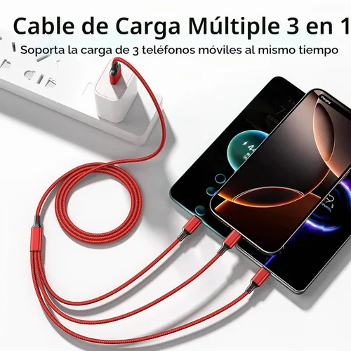 Vista 3 de Cable de carga múltiple, paquete de 2 cables de carga multiteléfono de 4 pies, trenzado, universal, 3 en 1, cable de carga extra largo múltiple USB
