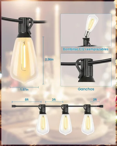 Vista 3 de Lightdot Luces LED para Patio de Exterior de 200 Pies (2 x 100 Pies), Luces de Cadena LED con Certificación ETL con Bombillas Edison Vintage