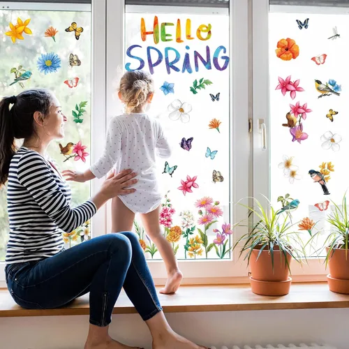 Vista 6 de 9 hojas de calcomanías de ventana de primavera con texto en inglés «Hello Spring» para ventanas, flores, mariposas, abejas, pájaros, calcomanías