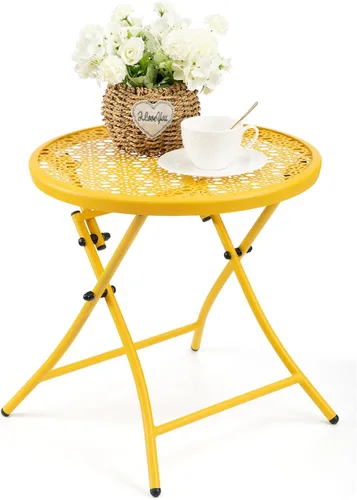 Vista 10 de Mesa auxiliar para exteriores, mesa auxiliar redonda plegable de metal, resistente a la intemperie, mesa decorativa de patio pequeño para porche