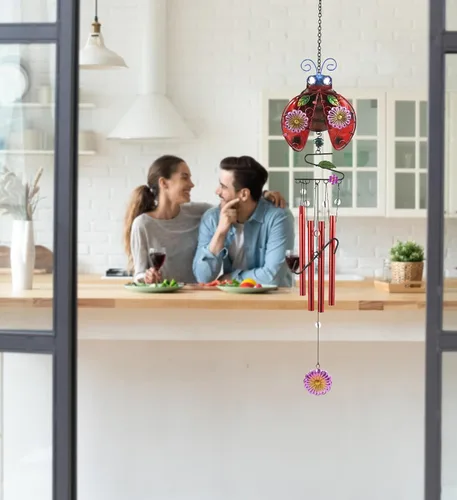 Vista 5 de CoTa Global Campanilla de viento de mariquita – Campana de vidrio y metal hecha a mano – Decoración colgante de vida salvaje – Regalo colorido