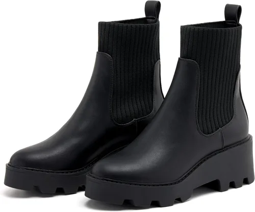 Vista 6 de vodvob Botas Chelsea elásticas para mujer, tacón grueso, plataforma, suela de lengüeta, botines al tobillo