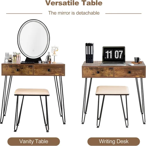 Vista 4 de KOTEK Juego de mesa de tocador con espejo iluminado, escritorio de maquillaje con taburete acolchado, espejo regulable de pantalla táctil de 3
