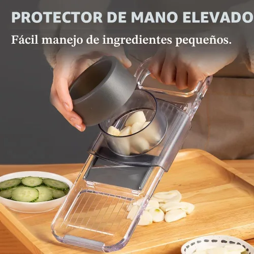 Vista 5 de KEOUKE Cortador de mandolina multifuncional transparente, 6 cuchillas intercambiables, cortador de verduras de mano con protector de mano