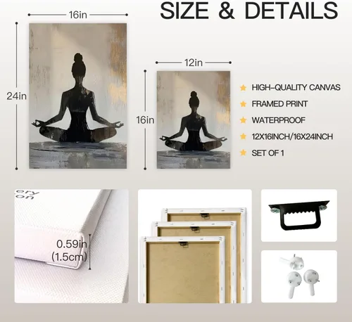 Vista 8 de GELDSTEI Arte de pared zen enmarcado, pintura moderna en lienzo de chica haciendo yoga, decoración de pared de meditación tranquila, imagen estética