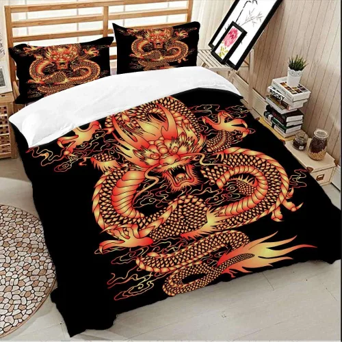 Vista 5 de Juego de ropa de cama con estampado de dragón de China en 3D, funda de edredón tamaño Queen, Textiles para el hogar para adultos, ropa de cama