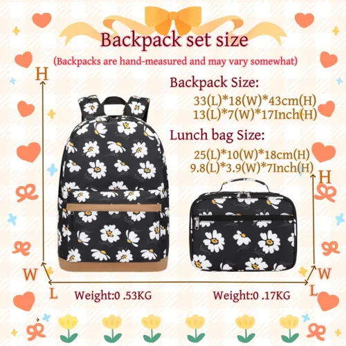Vista 26 de 3 piezas de mochila con estampado de margaritas para niños, mochila de escuela primaria, mochila para estudiantes de primaria, mochila para Negro