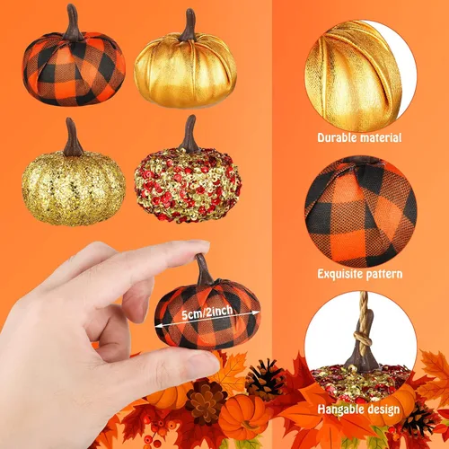 Vista 4 de Sotiff 12 adornos para árbol de Acción de Gracias, adornos colgantes de calabaza, bolas de espuma con purpurina, envueltas en tela, pequeñas