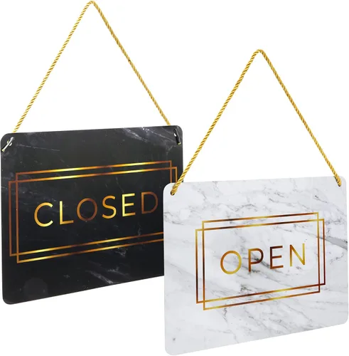 Vista 8 de Stockroom Plus Letrero abierto y cerrado – Acabado de mármol dorado – Letrero colgante reversible – Exhibición de horario comercial – Paquete de 2