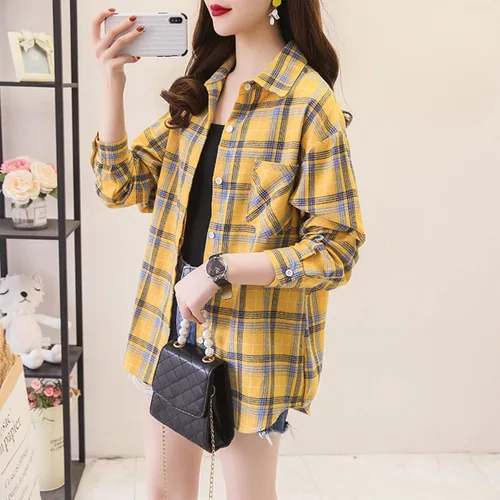 Vista 4 de Polyester Gingham Long Multi-Pocket Shirts Ladies Vacation Summer T Shirts Cozy Lapel Long Sleeve Boxy Fit Women Tops
