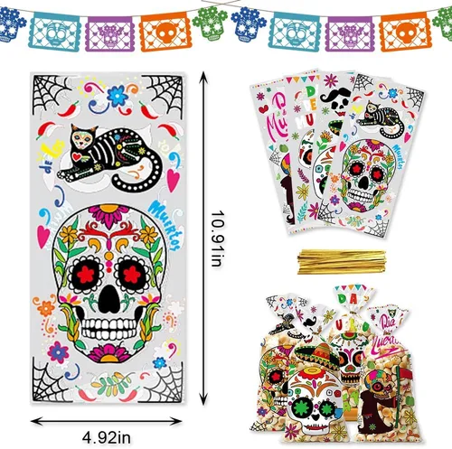 Vista 2 de Threetols 100 bolsas de celofán para Halloween, Día de los Muertos, bolsas de celofán para golosinas de celofán, calavera de azúcar, flores, bolsas
