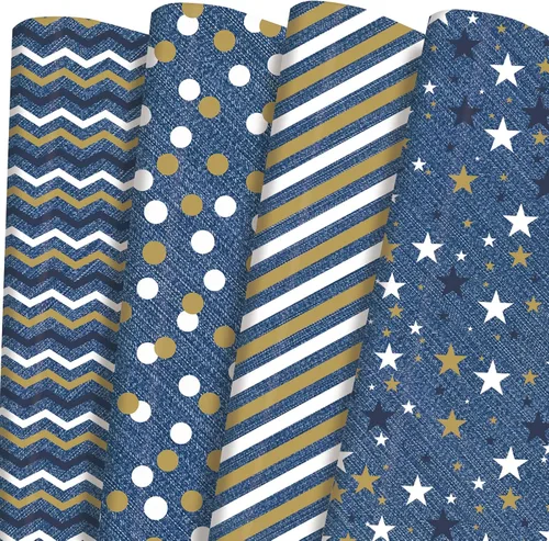 Vista 12 de Papel de regalo plegado negro, blanco y dorado, diseño mate, estrellas, rayas, ondulaciones, cuadros para cumpleaños, Navidad, graduaciones, bodas