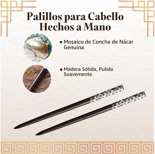 Vista 3 de Palillos de madera para el cabello, cabeza de incrustación superior con nácar a mano, palillos decorativos únicos de madera, palillos de pelo