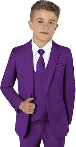 Vista 3 de YSMLOIU Trajes para niños pequeños, 3 piezas, chaqueta sólida, pantalones, chaleco, trajes para niños, traje de boda, trajes de esmoquin para niños