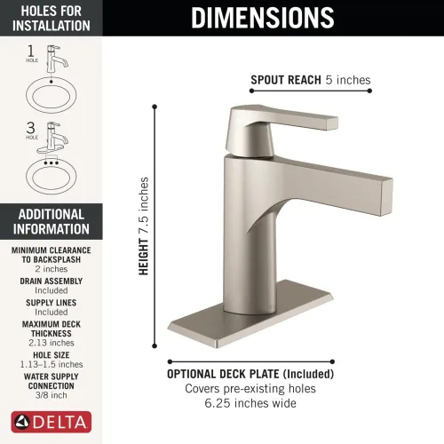 Vista 2 de Delta Faucet Zura Grifo de baño de un solo orificio níquel cepillado, grifo de baño de una sola manija, tecnología de sello de diamante, ensamblaje