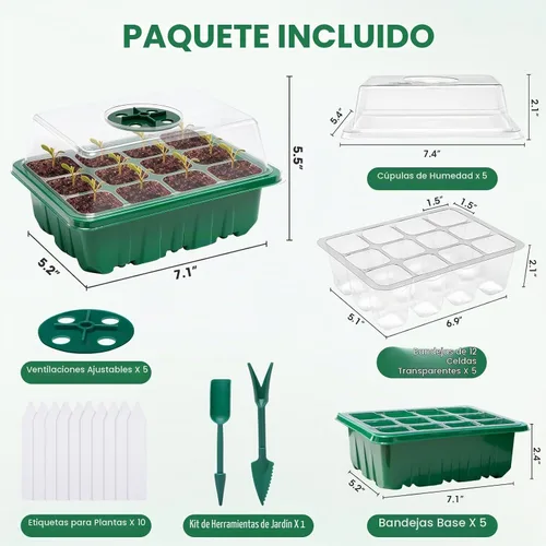 Vista 6 de 5 paquetes de bandejas para semillas con cúpula de humedad, kit de inicio de semillas con base transparente con orificios de drenaje