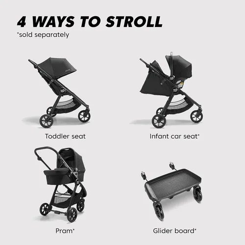 Vista 5 de Baby Jogger Carriola City Mini GT2 para todo terreno, color negro, completa con asa ajustable, freno de estacionamiento manual y adaptador