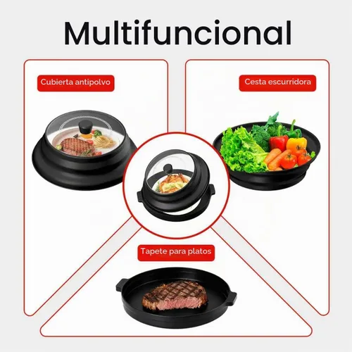 Vista 5 de Cubierta 2 en 1 para salpicaduras de microondas para alimentos con placa base antiquemaduras, tapa grande de plástico y silicona plegable con Negro