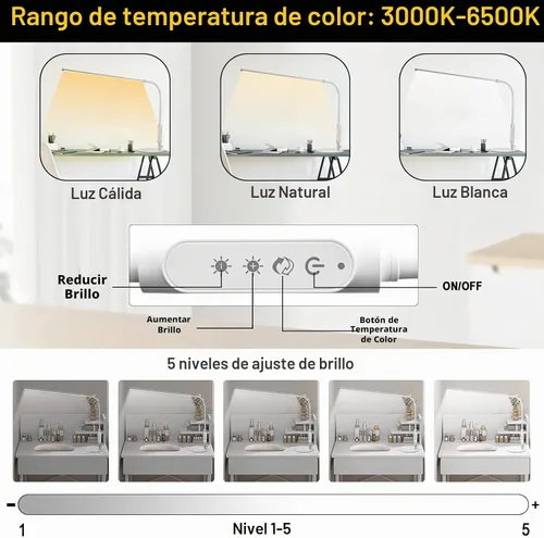 Vista 3 de CGBE Lámpara de escritorio LED: lámpara de uñas ajustable de 360° para escritorio con 3 modos de color y 5 niveles de brillo, lámpara de uñas