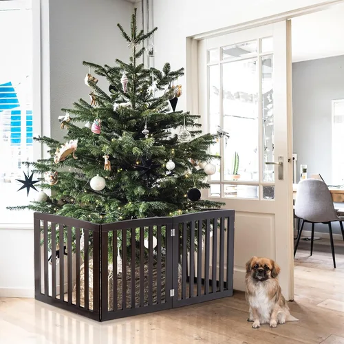Vista 7 de Puerta para perros para mascotas, para interiores, para escaleras, puertas, 82 x 24 pulgadas, 4 paneles, valla para perros, extra ancha, de madera