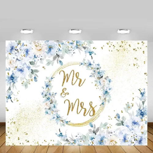 Vista 5 de MEHOFOND Telón de fondo floral azul de 7 x 5 pies para decoración de fiesta de compromiso para parejas, bodas, puntos dorados con purpurina, fondo