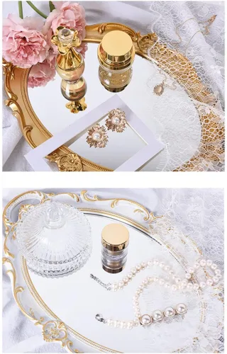 Vista 4 de Bandeja decorativa Sooyee - Bandeja de espejo blanca y dorada para tocador de baño, mesa de postres y café, decoración del hogar con asa Blanco