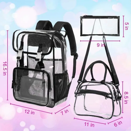 Vista 3 de Mochila transparente con tapa abatible de 17 pulgadas, juego de 3 piezas aprobado para estadios, bolsa transparente resistente para gimnasio o Negro