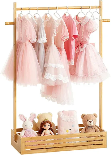 Vista 10 de BAMBOOHOMIE Perchero para Ropa de Bebé para Niños Pequeños, Perchero para Ropa de Mascotas con Caja de Almacenamiento y Barra Colgante Ajustable
