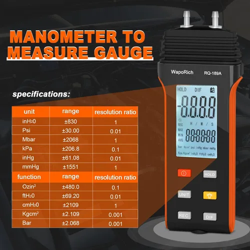Vista 3 de Medidor de presión de gas Manometer HVAC, medidor de presión de aire manómetro de doble puerto WapoRich ±13.79Kpa/2.000Psi ±0.3% con 11