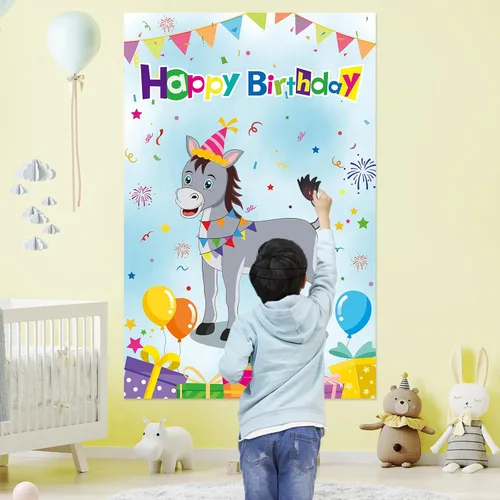 Vista 4 de Pin The Tail On The Donkey Juego de fiesta de cumpleaños con 50 piezas de colas grandes de juegos de burro para niños, suministros de fiesta