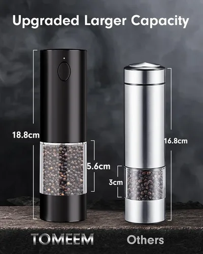 Vista 6 de TOMEEM Juego de molinillo eléctrico de sal y pimienta de mayor capacidad, recargable con luces LED, molinillo automático de pimienta y sal de acero
