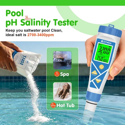 Vista 3 de Piscina pH sal y cloro probador 8 en 1 pH digital Salinidad TDS EC cloro ORP H2 para piscina de agua salada, bañera de hidromasaje, hidropónico