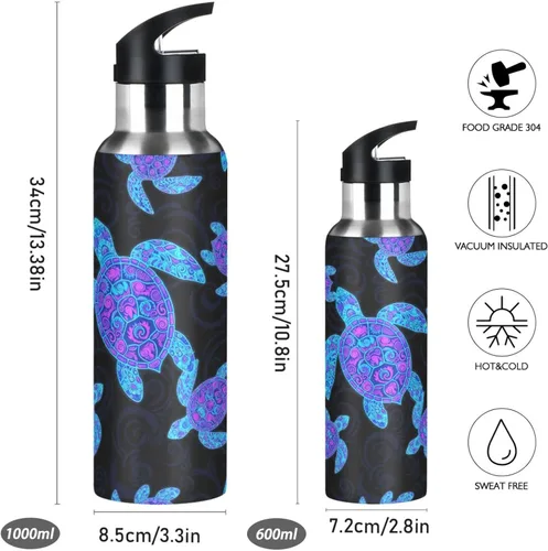 Vista 2 de BPA-Free Sports Water Bottle with Straw 32 Oz, Insulated Water Bottle for Gym Outdoor Travel School, Neon Sea Turtles Black