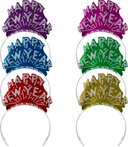 Vista 2 de Windy City Novelties Sombreros de tiaras de Feliz Año Nuevo en varios colores brillantes, paquete de 12 diademas a granel, suministros para fiestas