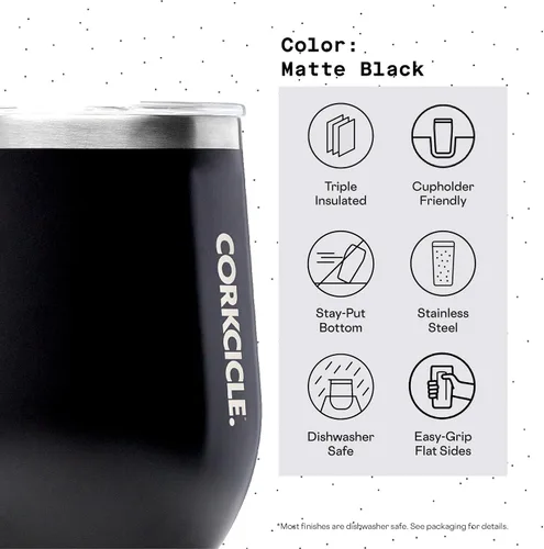 Vista 4 de Corkcicle Vaso de vino sin tallo, mantiene las bebidas frías durante 6 horas, acero inoxidable con triple aislamiento, base antideslizante, regalo