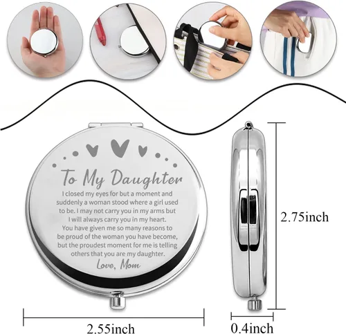 Vista 2 de PLITI Espejo compacto para hija con texto en inglés «To My Daughter» de mamá, papá, hija, regalo de graduación, espejo de bolsillo inspirador