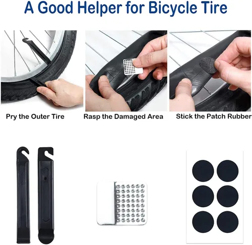 Vista 6 de Kit de herramientas de reparación de bicicletas con mini bomba de bicicleta, bolsa de sillín de bicicleta con luz trasera, multiherramienta