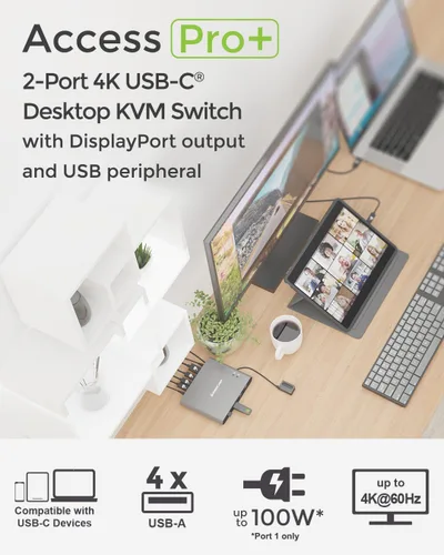 Vista 7 de IOGEAR KVM de escritorio USB-C 4K de 2 puertos con salida DISPLAYPORT y periférico USB
