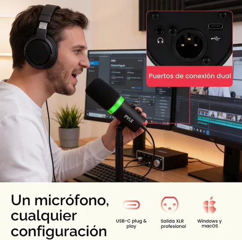 Vista 5 de Pyle Micrófono dinámico USB/XLR para podcasting, transmisión y juegos, micrófono de grabación cardioide con iluminación RGB, botón de silencio
