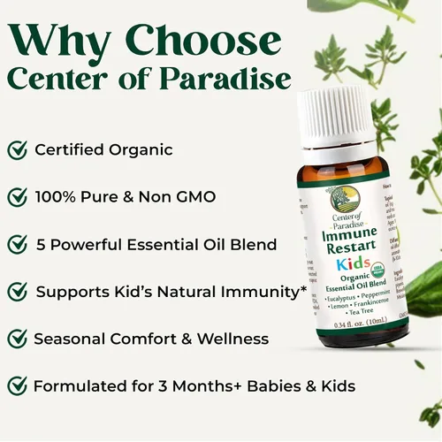 Vista 6 de Center of Paradise Immune Restart Kids Mezcla de aceites esenciales orgánicos para apoyo inmunológico (0.3 onzas líquidas), certificado por USDA