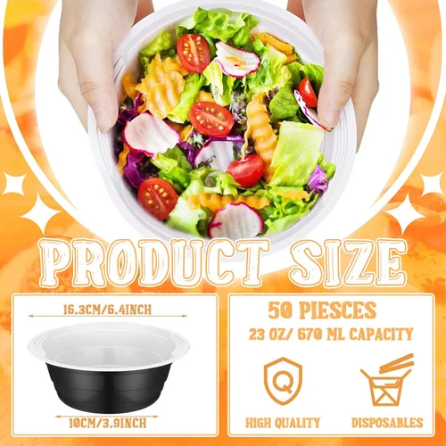 Vista 2 de Gejoy 50 cuencos de plástico negros de 23 onzas, desechables pero reutilizables, platos de ensalada y postre para servir el 4 de julio, bodas