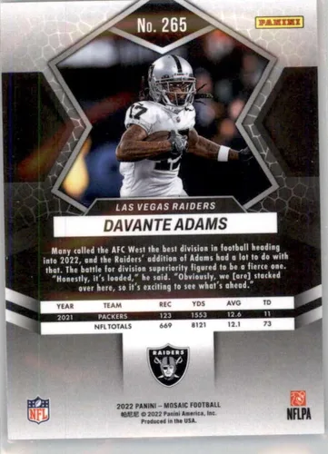 Vista 2 de 2022 PANINI MOSAIC #265 DAVANTE ADAMS NATIONAL PRIDE LAS VEGAS RAIDERS FOOTBALL OFFICIAL TRADING CARD OF THE NFL