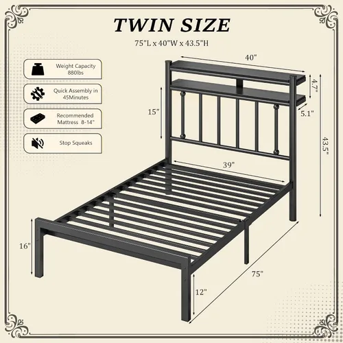Vista 2 de Homkdom Base de cama de metal de tamaño individual con luces LED inteligentes y cabecera de almacenamiento de 2 niveles, base de colchón resistente