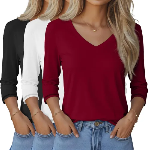Vista 17 de Ficerd Paquete de 3 camisetas de manga 3/4 para mujer, cuello en V, blusas holgadas, blusas casuales, ropa de moda 2026