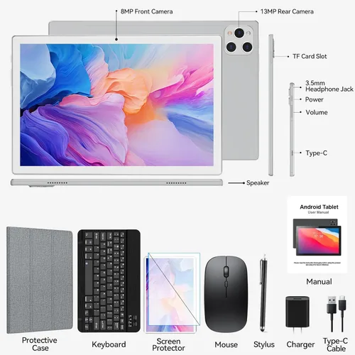 Vista 8 de ANTEMPER Tableta, tableta Android de 10 pulgadas con 128 GB de ROM, 16 GB de RAM (hasta 2 TB), procesador Octa-Core, tableta WiFi 5G, con funda