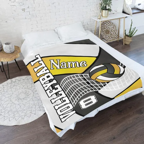 Vista 2 de Manta personalizada de voleibol en negro dorado, amarillo y blanco con nombre, manta de forro polar suave para hombres y mujeres, regalo