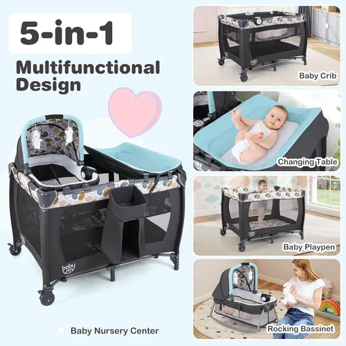 Vista 2 de BABY JOY Paquete y juego 5 en 1, corralito portátil para bebé con moisés y cambiador de pañales, cuna central para guardería infantil con juguetes
