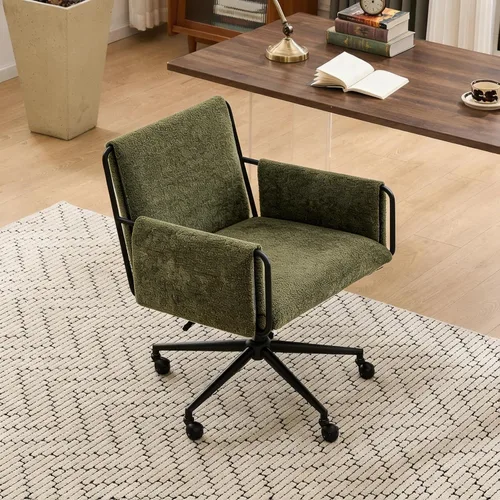 Vista 10 de Rowill Silla de oficina moderna, tela beige Boucle, altura ajustable, capacidad de 300 libras, ruedas, reposabrazos, perfecta para oficina en casa
